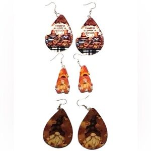 Set Of Three Wooden Gnome Fall Earrings